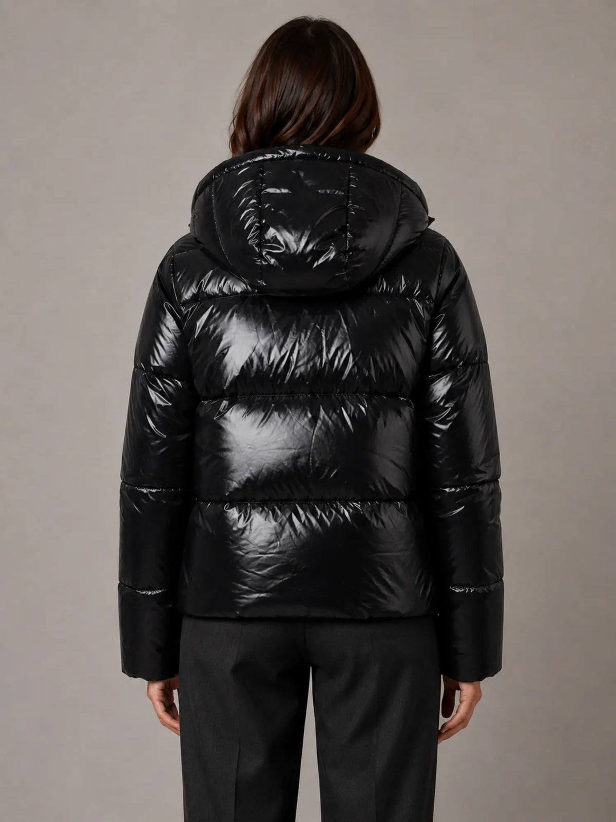Women's Shiny Puffer Jacket – Hooded Cropped Style in Black – Back view