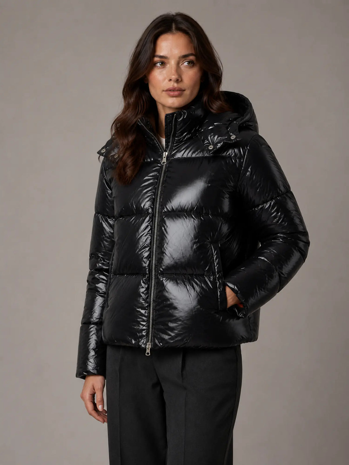 Women's Shiny Puffer Jacket – Hooded Cropped Style in Black – Hover view
