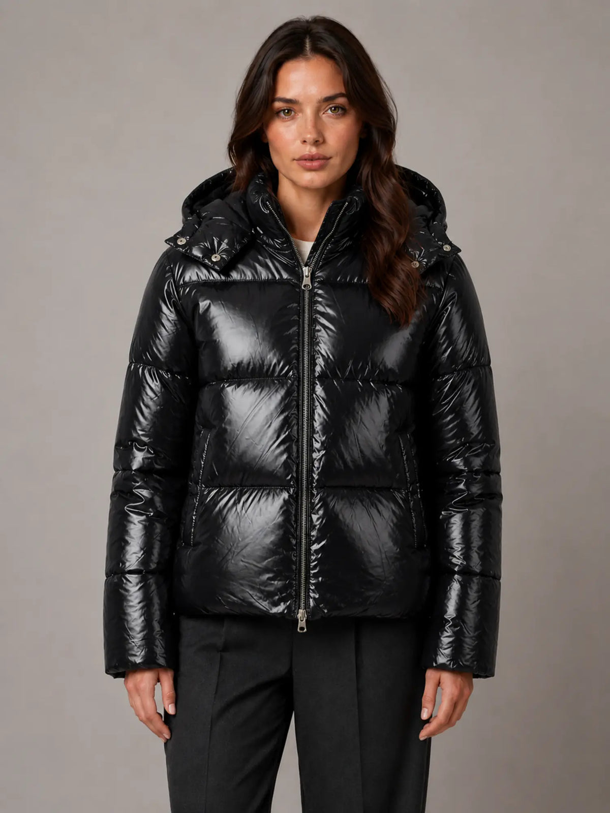 Women's Shiny Puffer Jacket – Hooded Cropped Style in Black – Main view