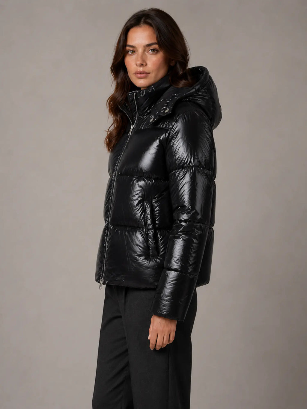 Women's Shiny Puffer Jacket – Hooded Cropped Style in Black – Side view