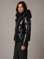 Women's Shiny Puffer Jacket – Hooded Cropped Style in Black – Side view