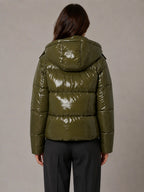 Women's Shiny Puffer Jacket – Hooded Cropped Style in Green – Back view