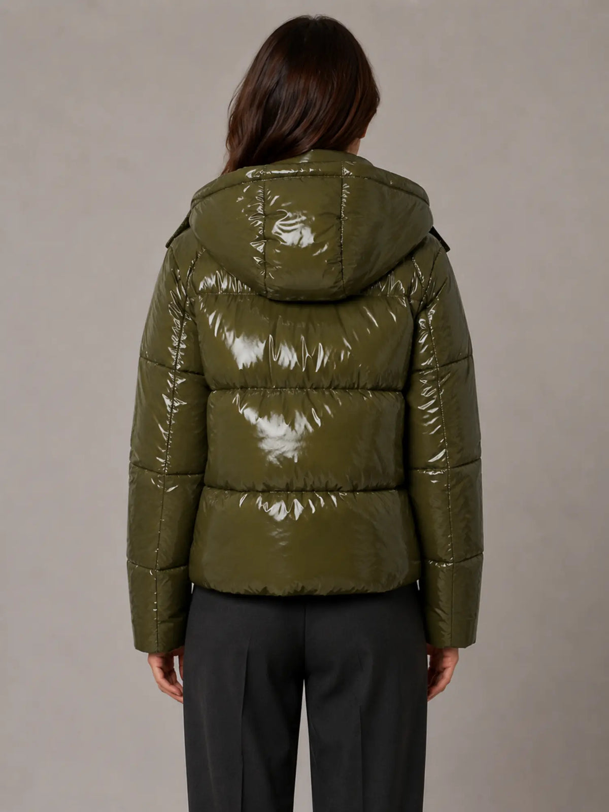 Women's Shiny Puffer Jacket – Hooded Cropped Style in Green – Back view