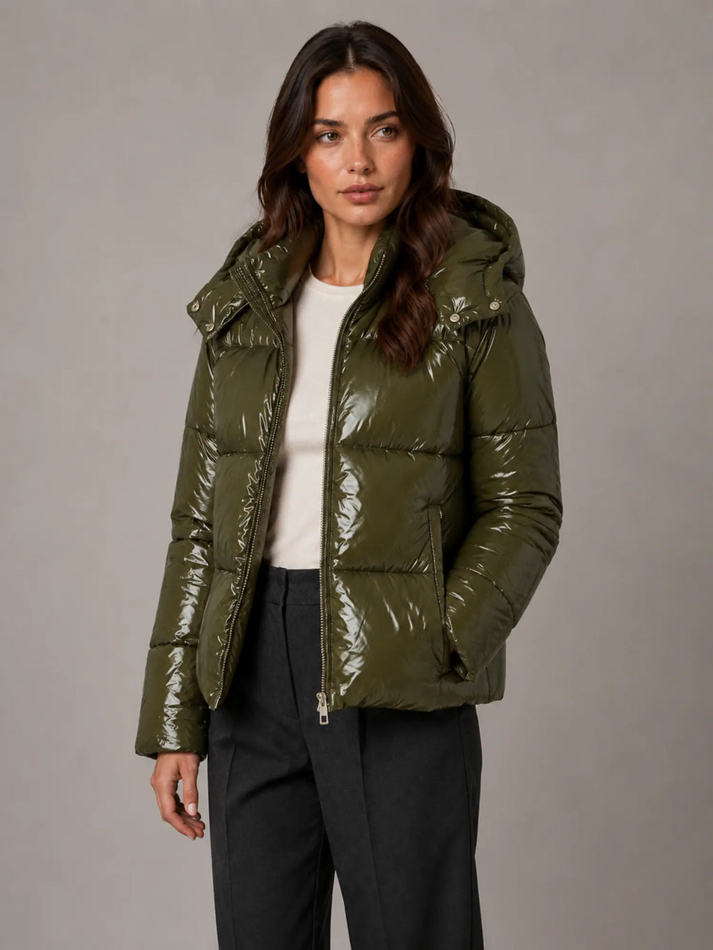 Women's Shiny Puffer Jacket – Hooded Cropped Style in Green – Hover view