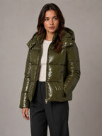 Women's Shiny Puffer Jacket – Hooded Cropped Style in Green – Hover view