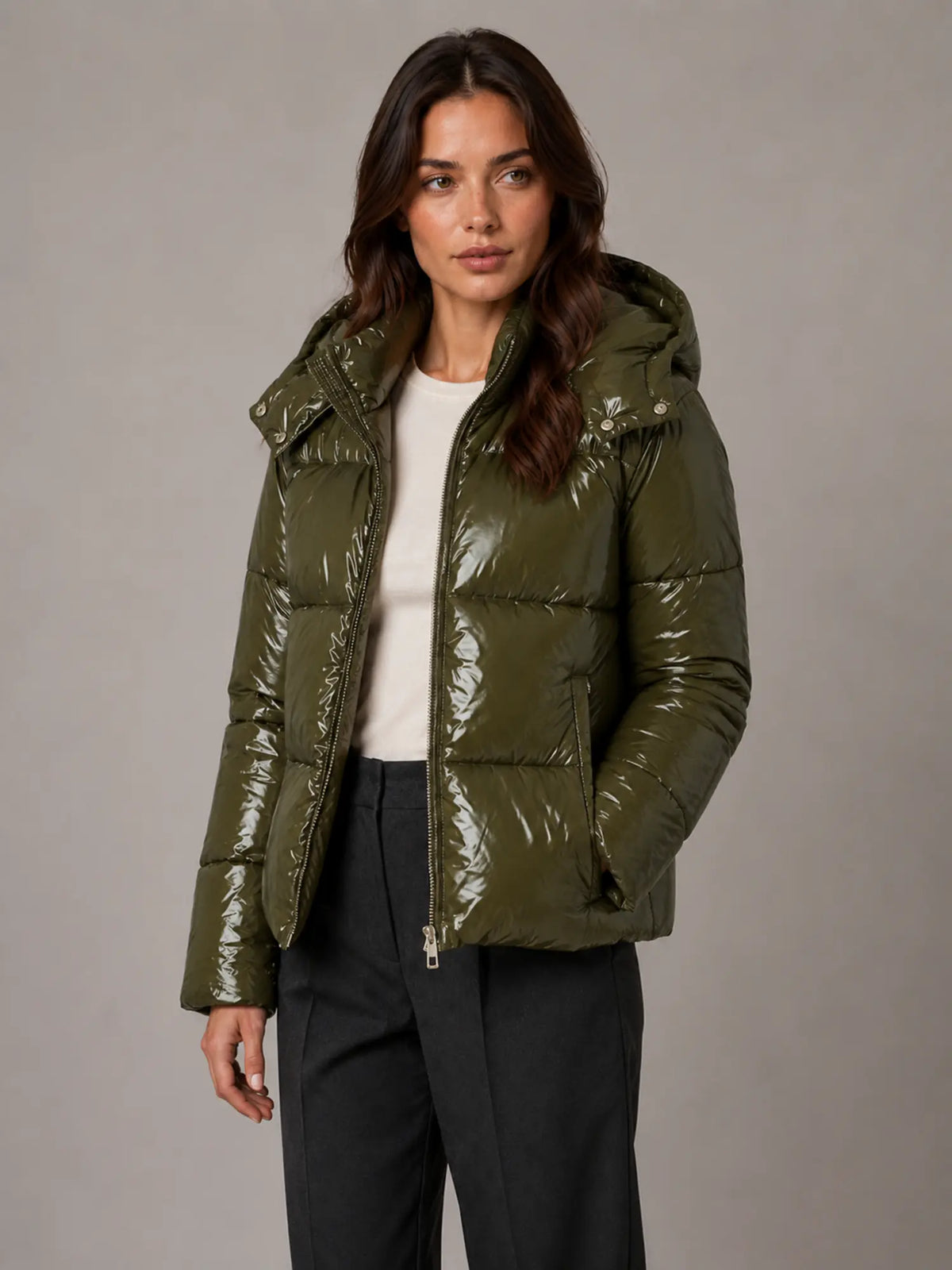 Women's Shiny Puffer Jacket – Hooded Cropped Style in Green – Hover view