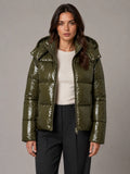 Women's Shiny Puffer Jacket – Hooded Cropped Style in Green – Main view