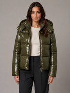 Women's Shiny Puffer Jacket – Hooded Cropped Style in Green – Main view