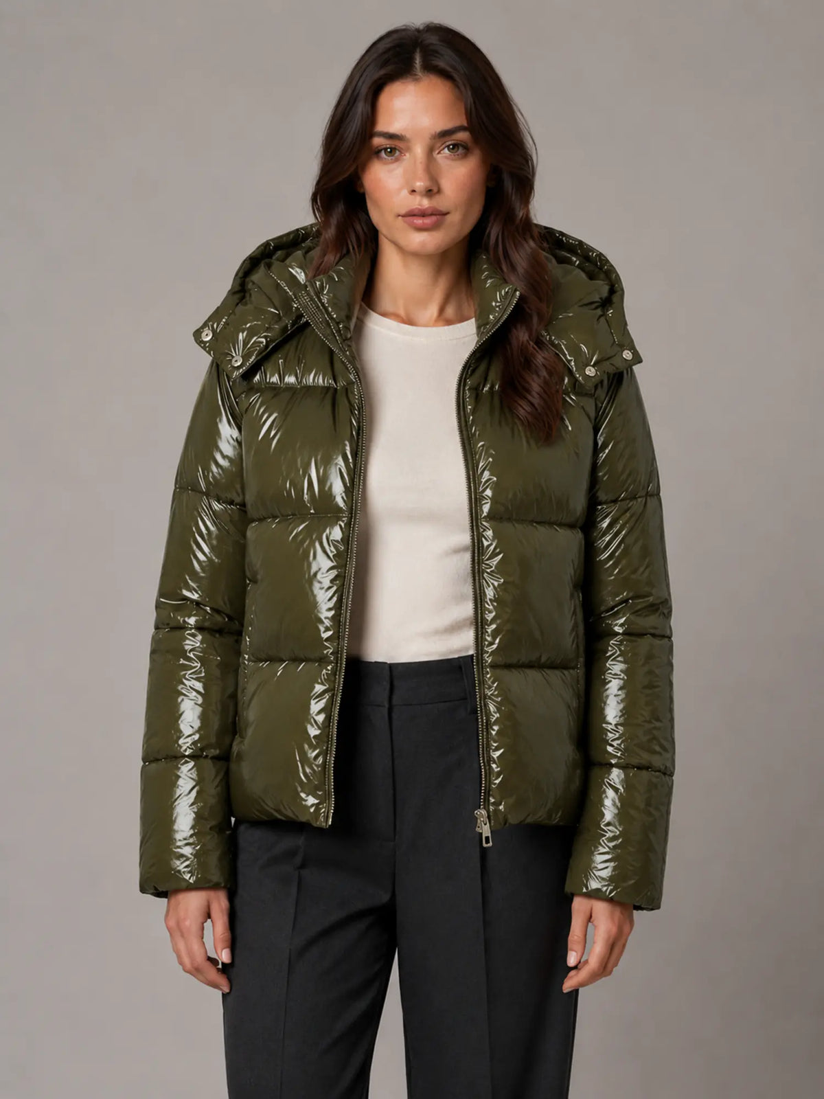 Women's Shiny Puffer Jacket – Hooded Cropped Style in Green – Main view