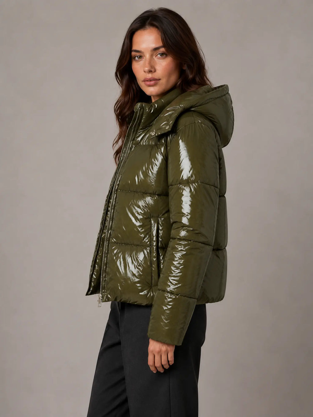 Women's Shiny Puffer Jacket – Hooded Cropped Style in Green – Side view