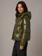 Women's Shiny Puffer Jacket – Hooded Cropped Style in Green – Side view