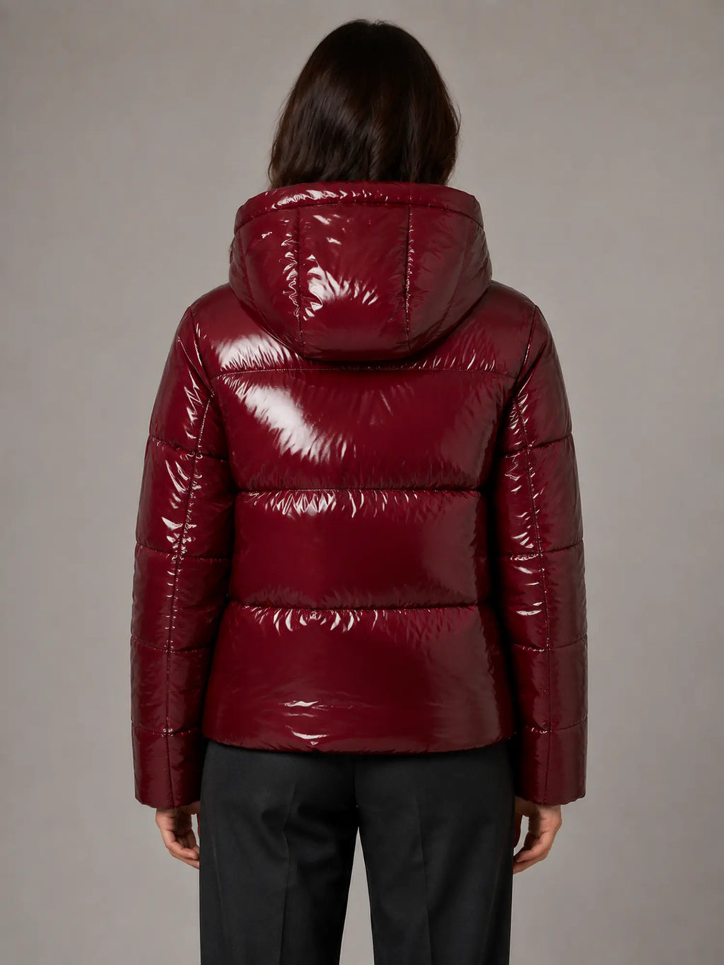 Women's Shiny Puffer Jacket – Hooded Cropped Style in Red – Back view