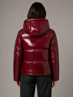 Women's Shiny Puffer Jacket – Hooded Cropped Style in Red – Back view