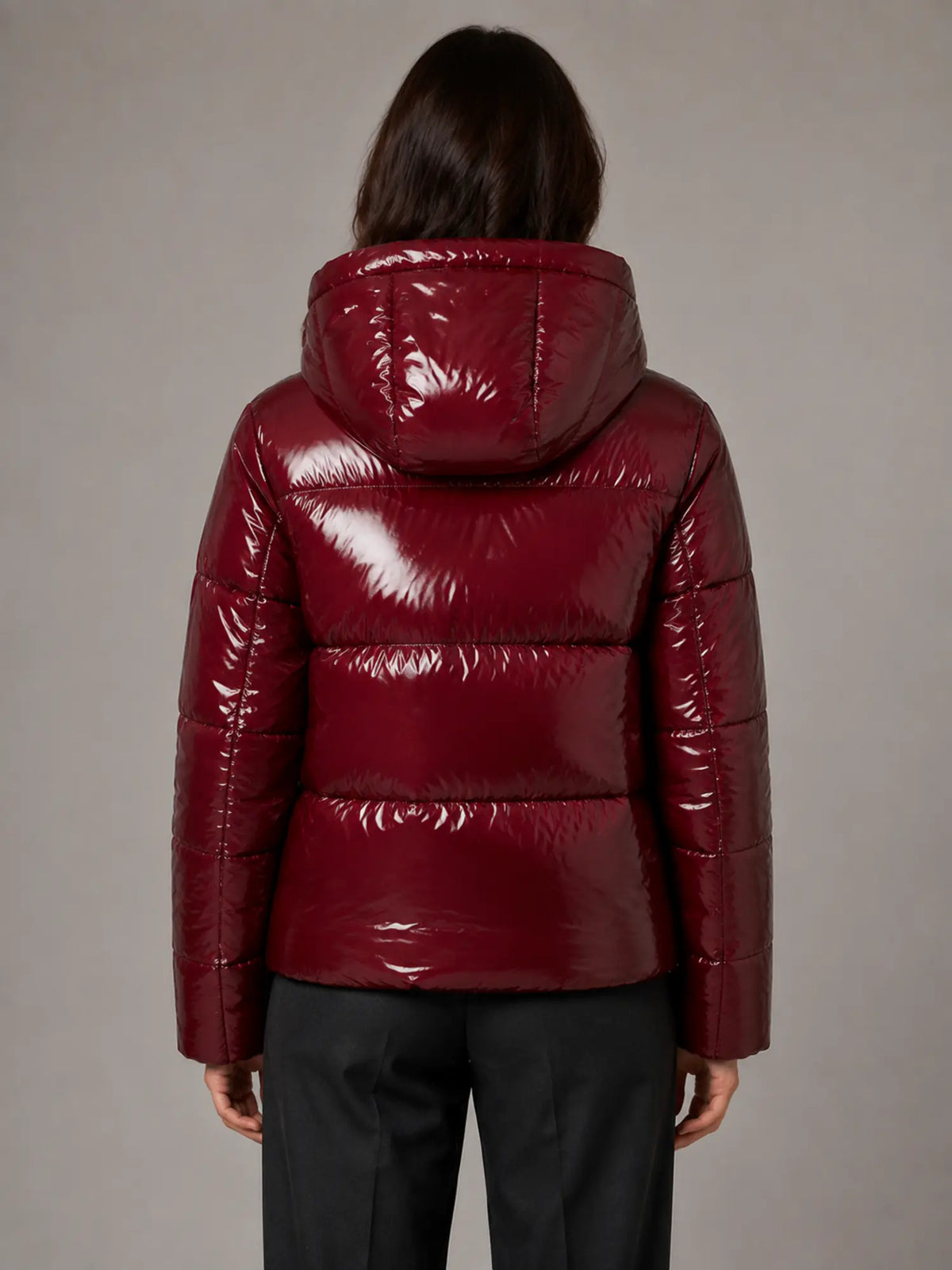 Women's Shiny Puffer Jacket – Hooded Cropped Style in Red – Back view