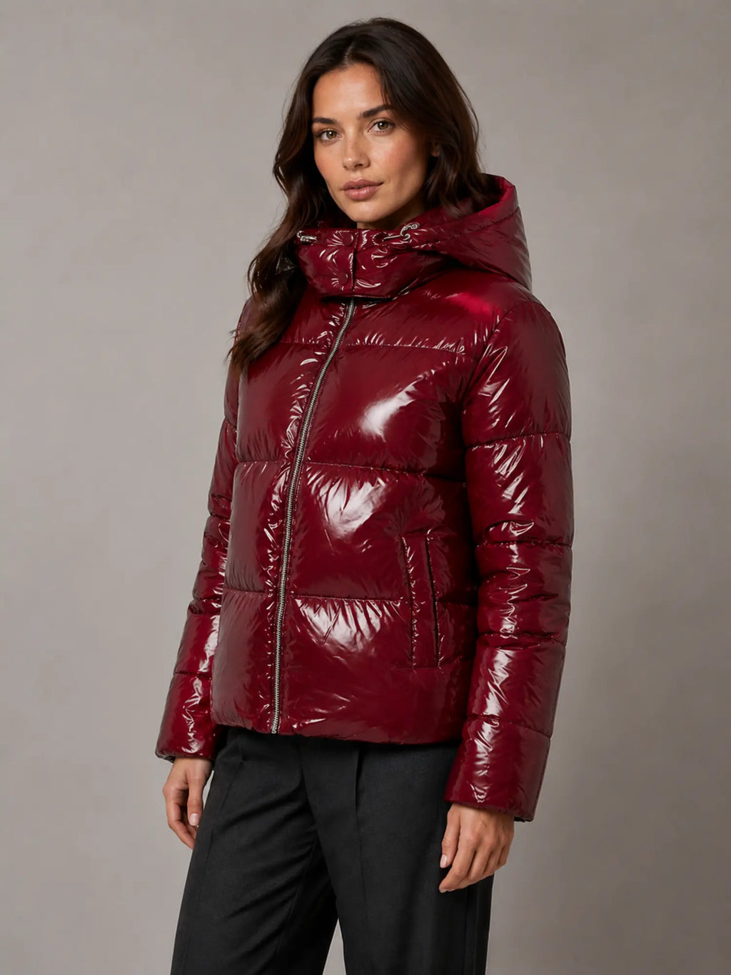 Women's Shiny Puffer Jacket – Hooded Cropped Style in Red – Hover view