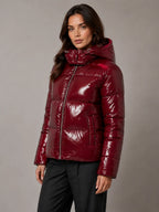Women's Shiny Puffer Jacket – Hooded Cropped Style in Red – Hover view