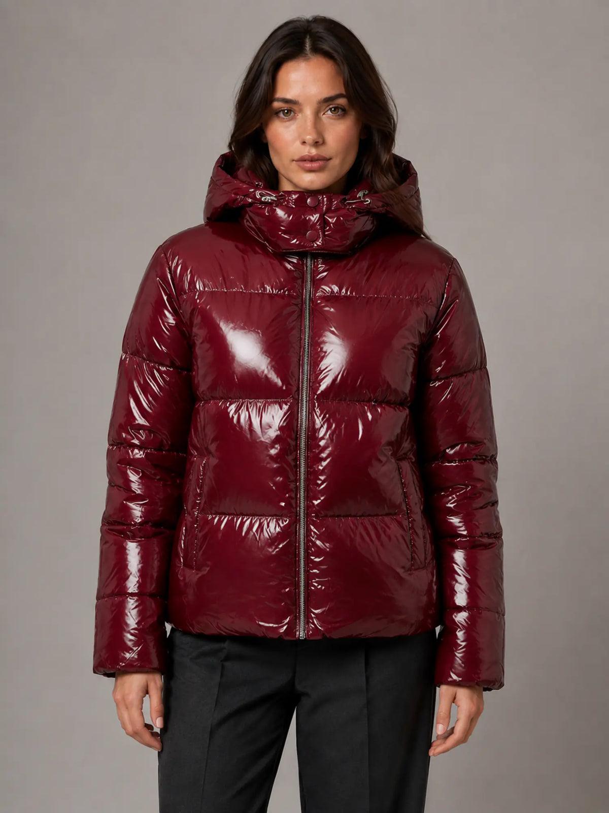 Women's Shiny Puffer Jacket – Hooded Cropped Style in Red – Main view