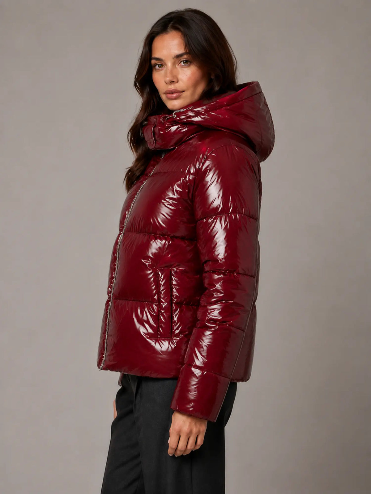 Women's Shiny Puffer Jacket – Hooded Cropped Style in Red – Side view