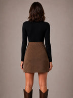 Women's Corduroy Mini Skirt – High Waisted Front Split in Brown – Back view