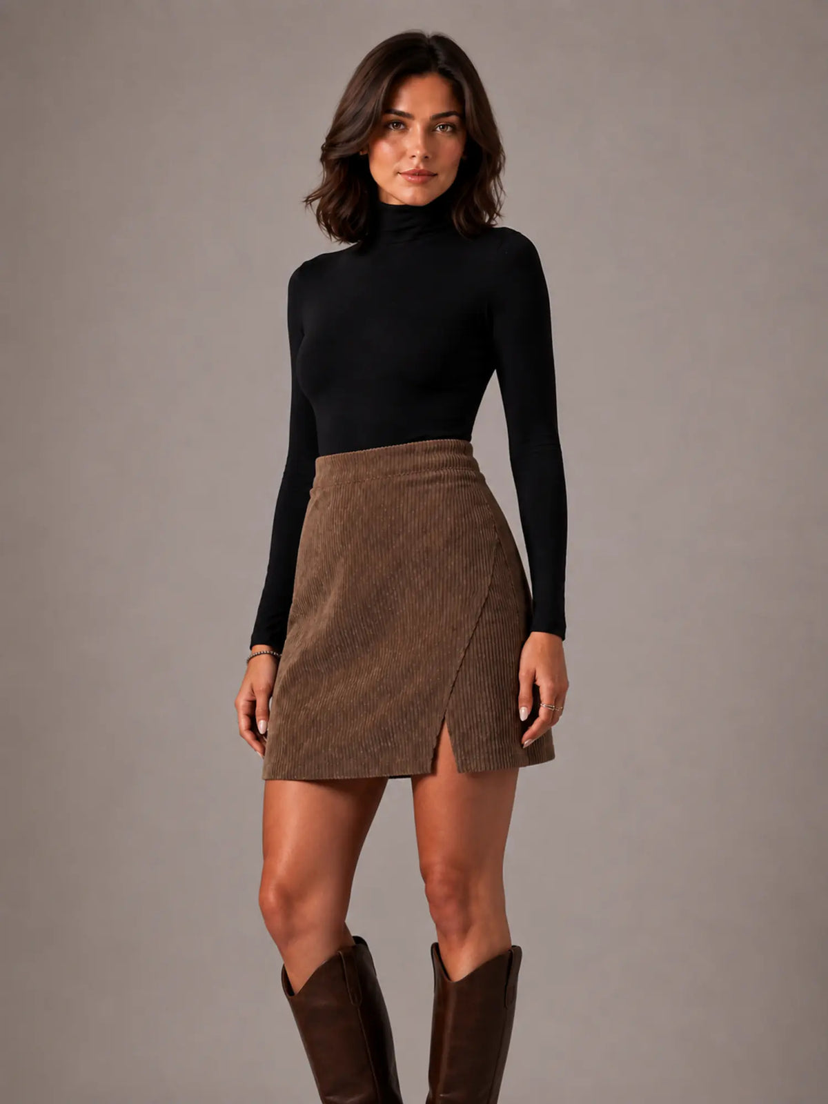 Women's Corduroy Mini Skirt – High Waisted Front Split in Brown – Hover view