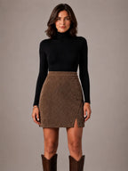 Women's Corduroy Mini Skirt – High Waisted Front Split in Brown – Main view