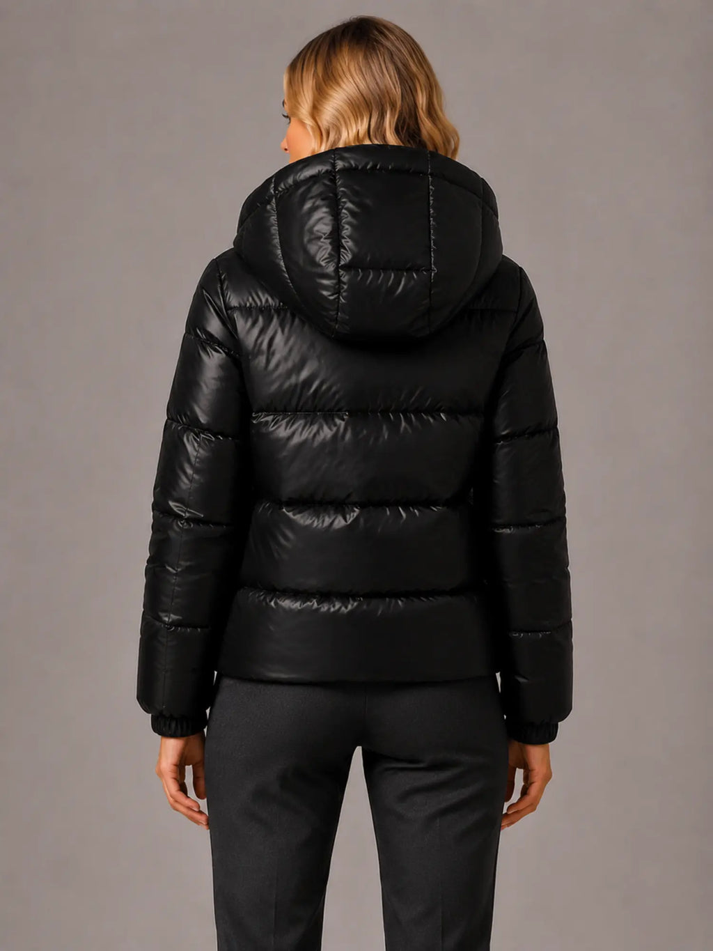 Women's Hooded Puffer Jacket – Quilted Winter Coat in Black – Back view