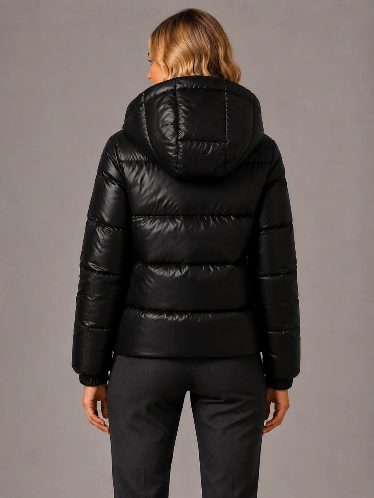 Women's Hooded Puffer Jacket – Quilted Winter Coat in Black – Back view