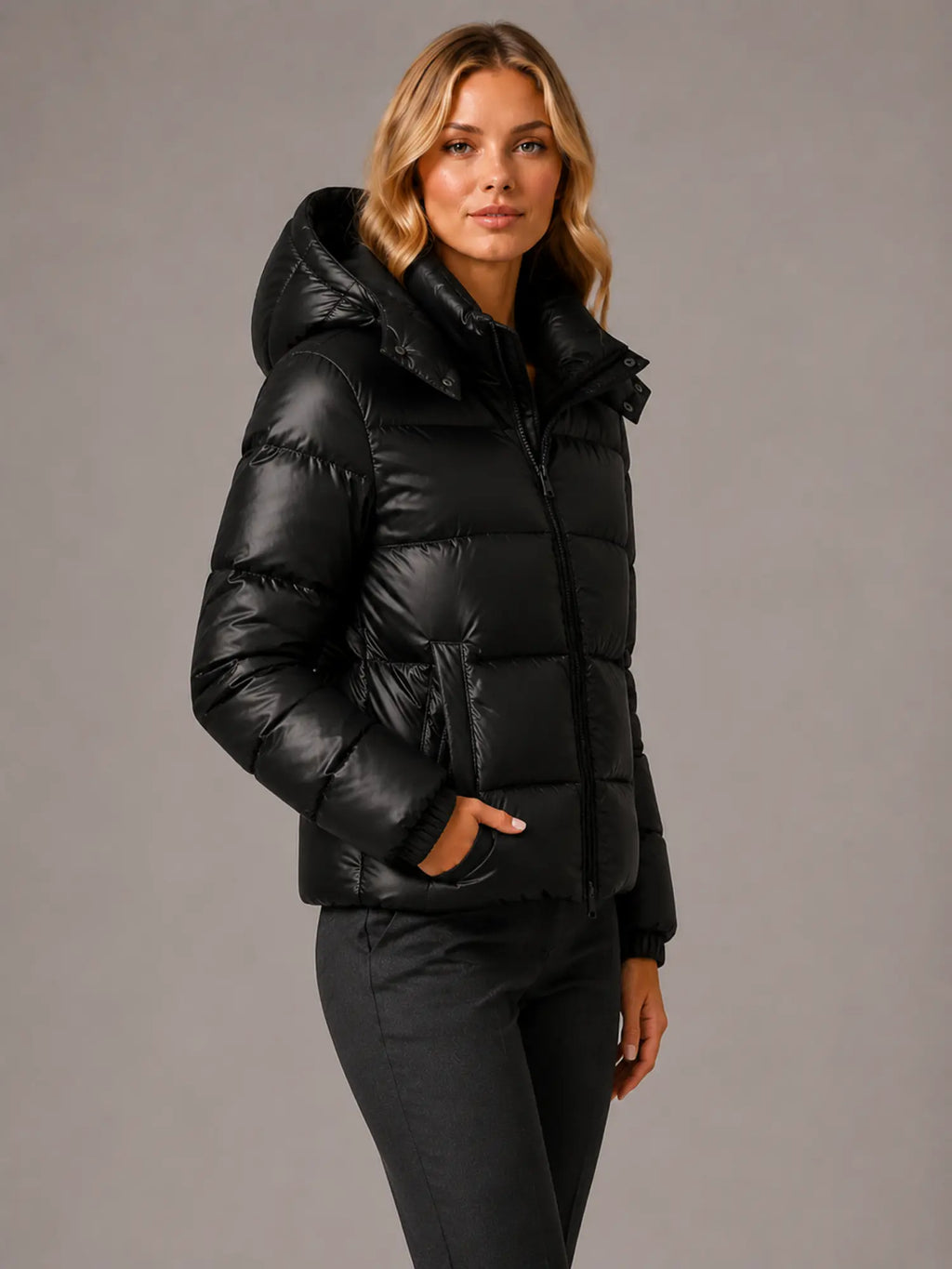 Women's Hooded Puffer Jacket – Quilted Winter Coat in Black – Hover view