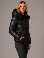 Women's Hooded Puffer Jacket – Quilted Winter Coat in Black – Hover view