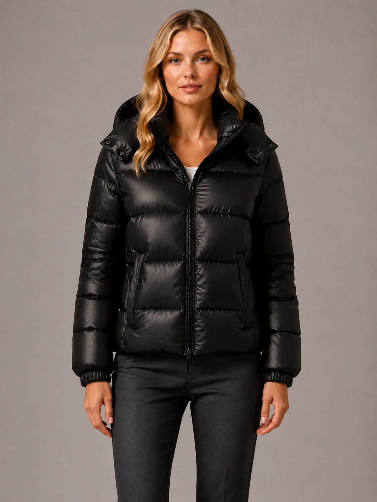 Women's Hooded Puffer Jacket – Quilted Winter Coat in Black – Main view