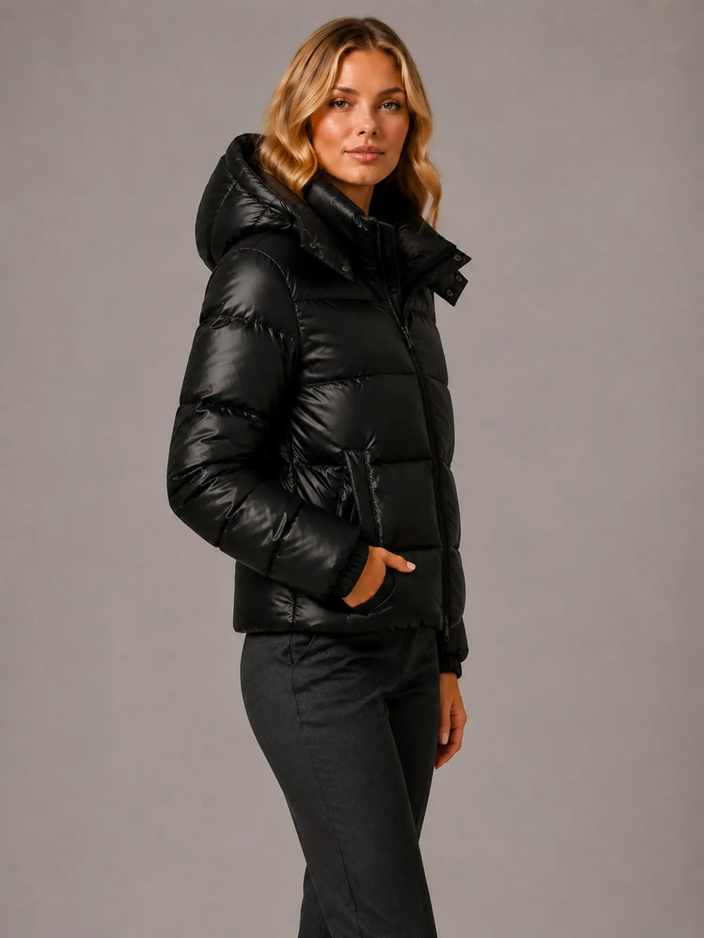 Women's Hooded Puffer Jacket – Quilted Winter Coat in Black – Side view