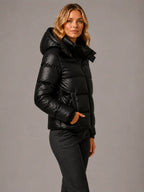Women's Hooded Puffer Jacket – Quilted Winter Coat in Black – Side view