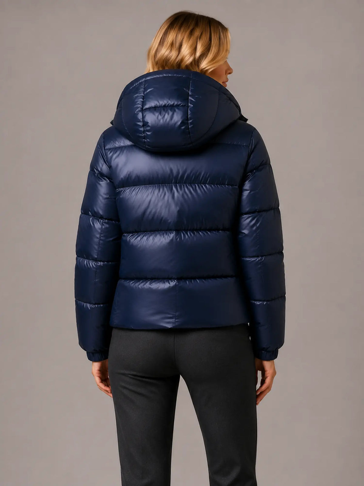 Women's Hooded Puffer Jacket – Quilted Winter Coat in Navy – Back view