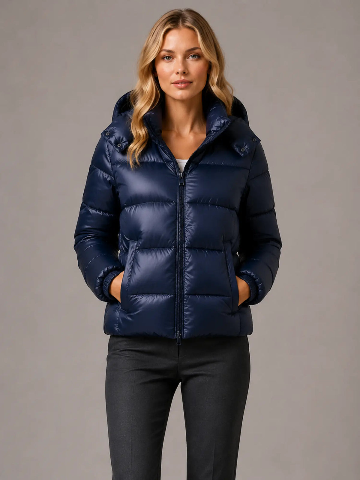 Women's Hooded Puffer Jacket – Quilted Winter Coat in Navy – Main view
