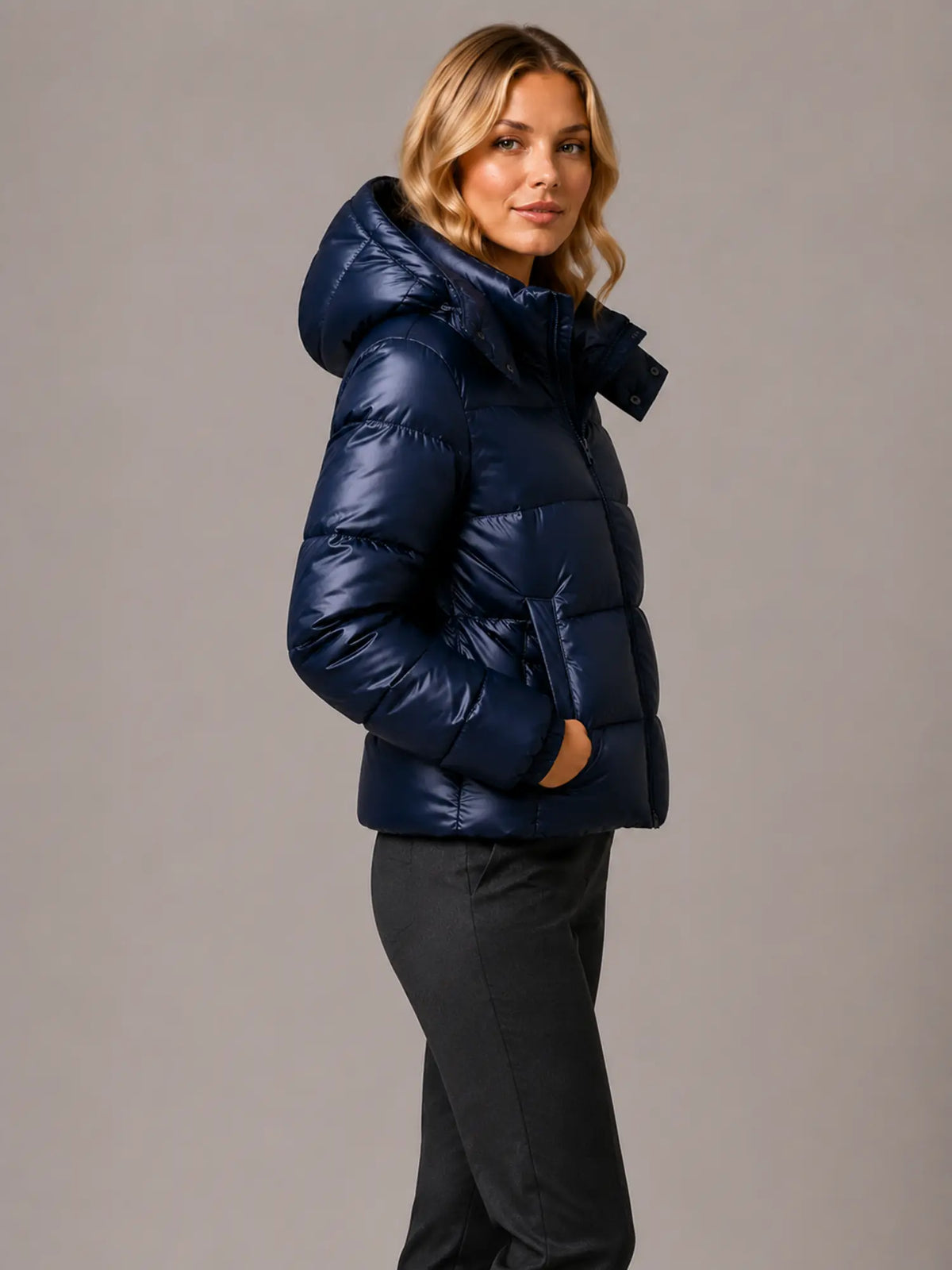 Women's Hooded Puffer Jacket – Quilted Winter Coat in Navy – Side view