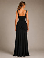 Women's Ruched Maxi Dress – Square Neck Occasion Style in Black – Back view