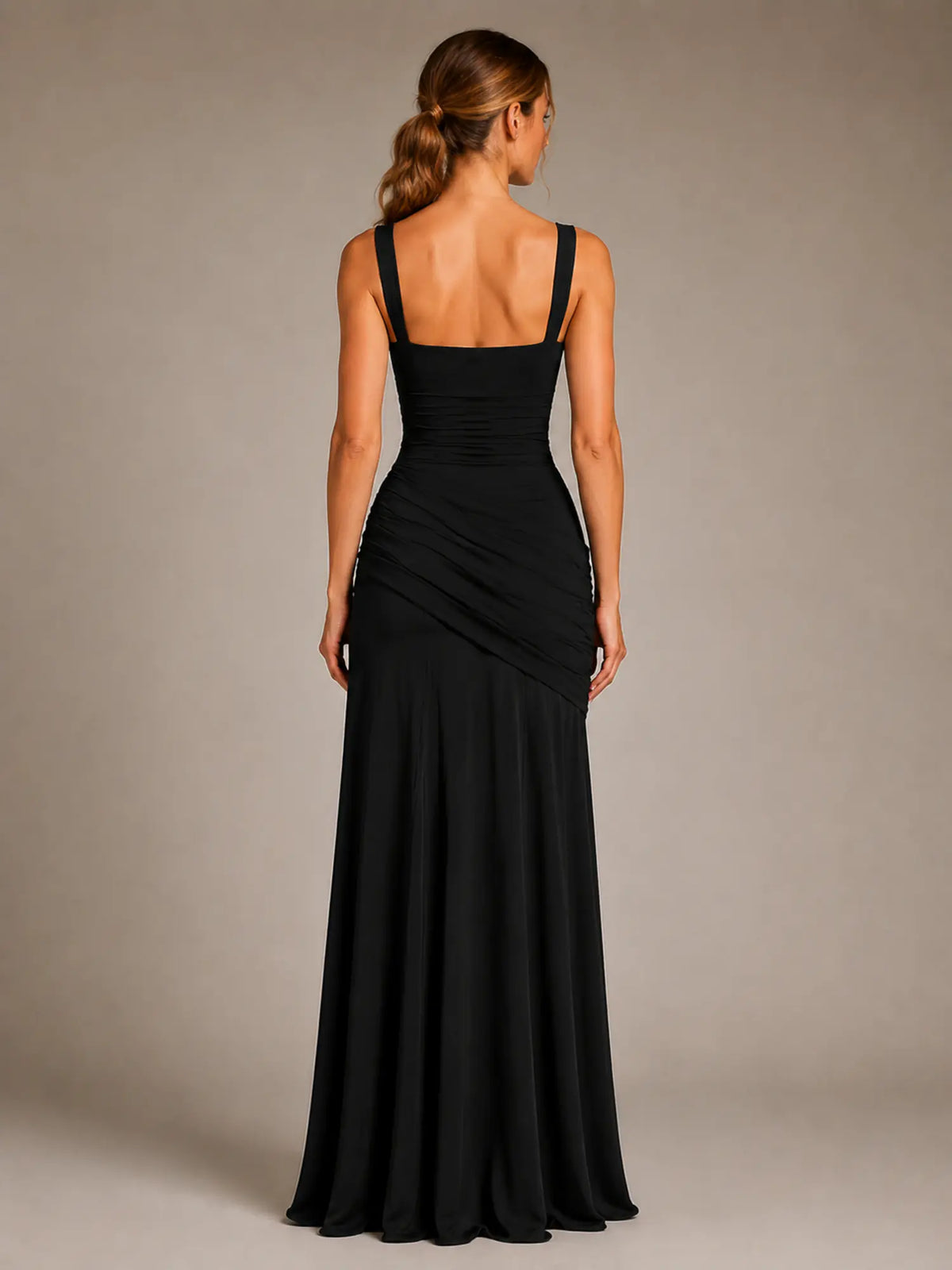 Women's Ruched Maxi Dress – Square Neck Occasion Style in Black – Back view