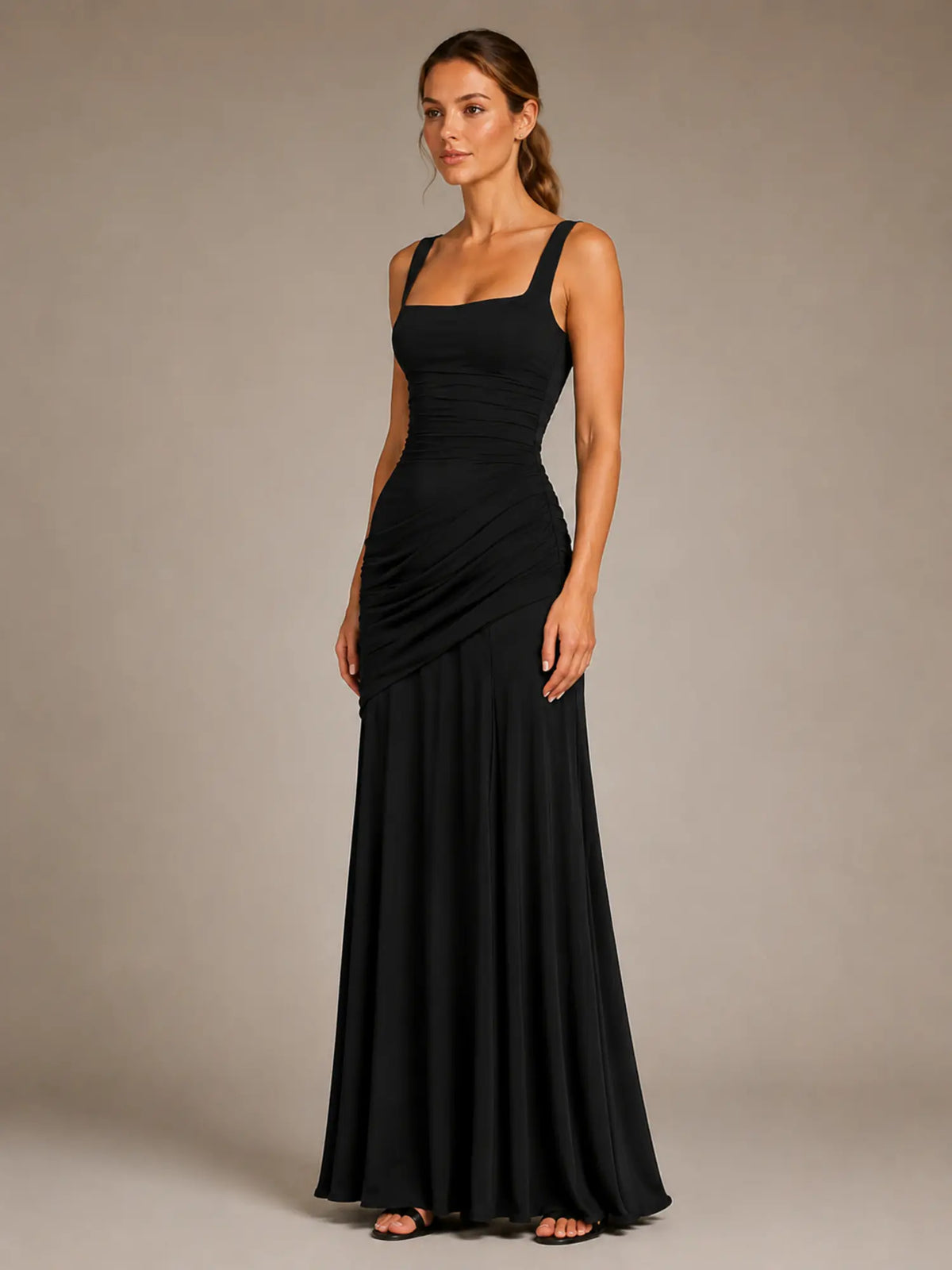 Women's Ruched Maxi Dress – Square Neck Occasion Style in Black – Hover view