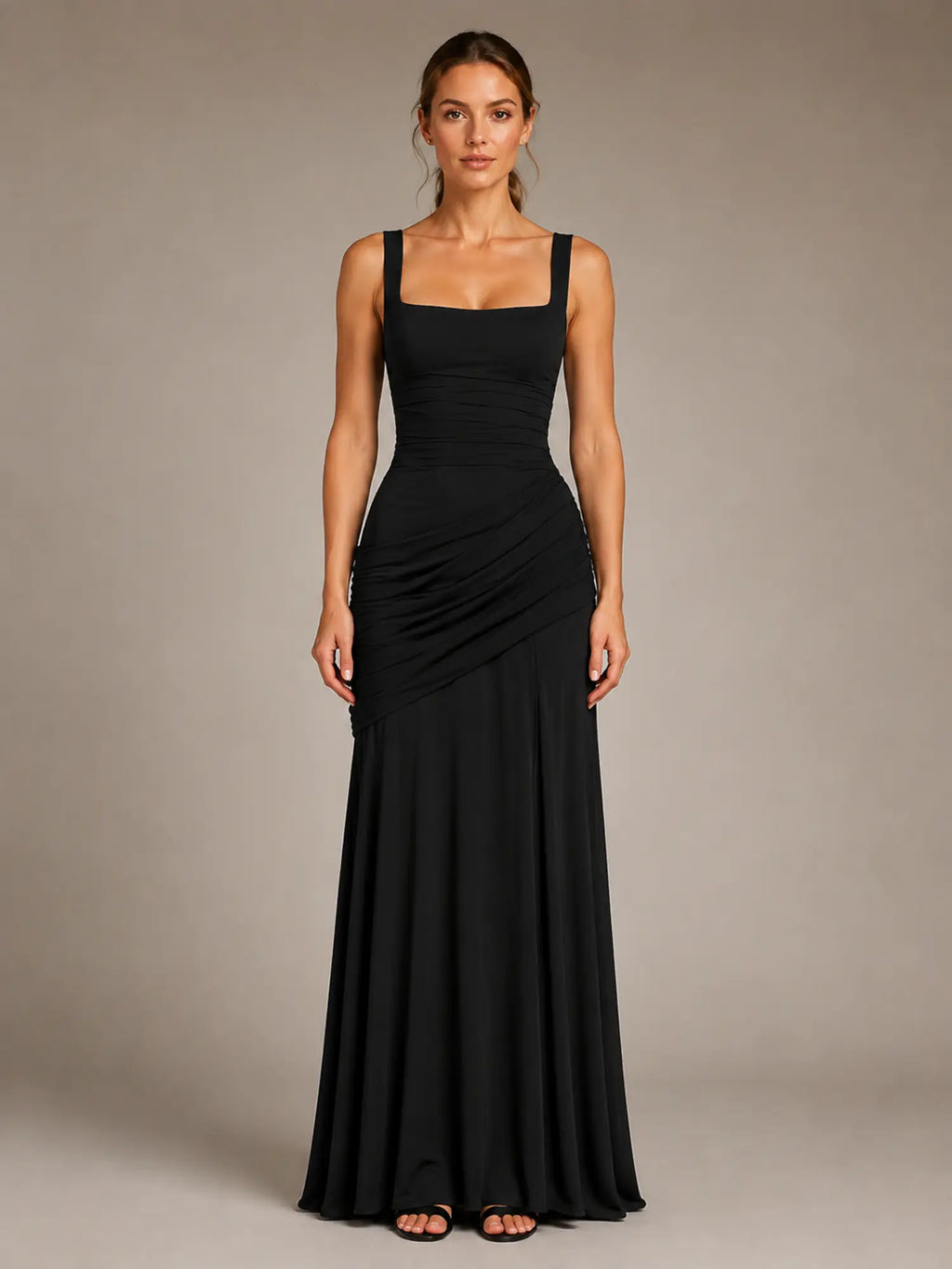Women's Ruched Maxi Dress – Square Neck Occasion Style in Black – Main view