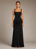 Women's Ruched Maxi Dress – Square Neck Occasion Style in Black – Main view