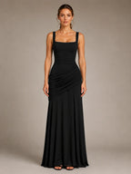 Women's Ruched Maxi Dress – Square Neck Occasion Style in Black – Main view