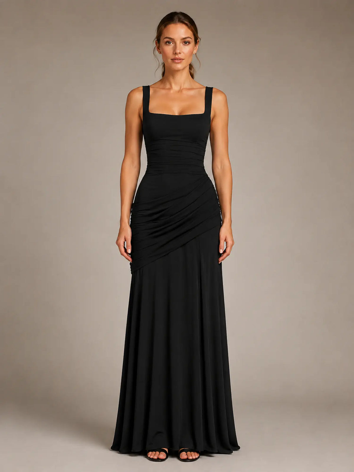 Women's Ruched Maxi Dress – Square Neck Occasion Style in Black – Main view