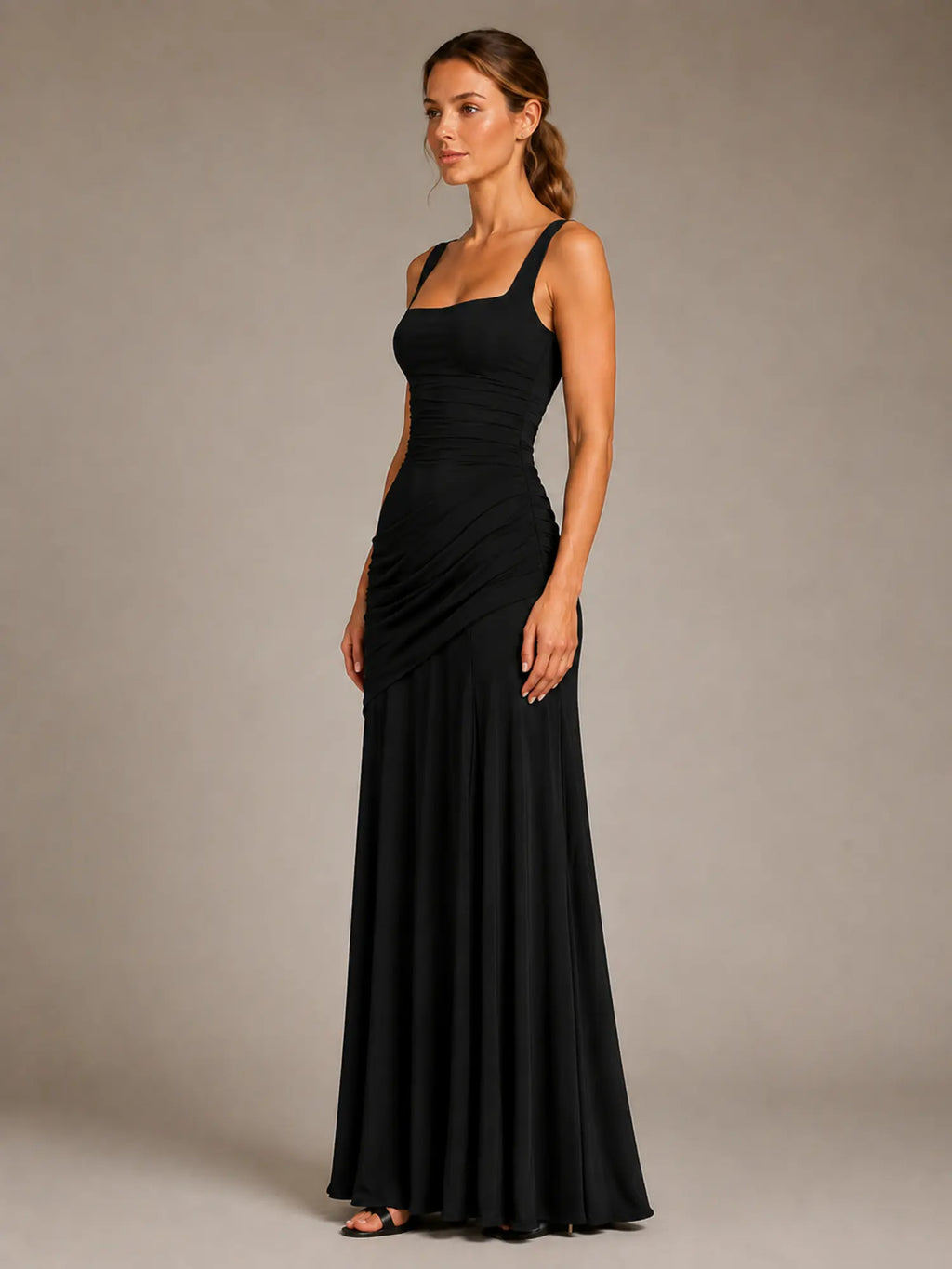 Women's Ruched Maxi Dress – Square Neck Occasion Style in Black – Side view