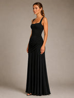 Women's Ruched Maxi Dress – Square Neck Occasion Style in Black – Side view