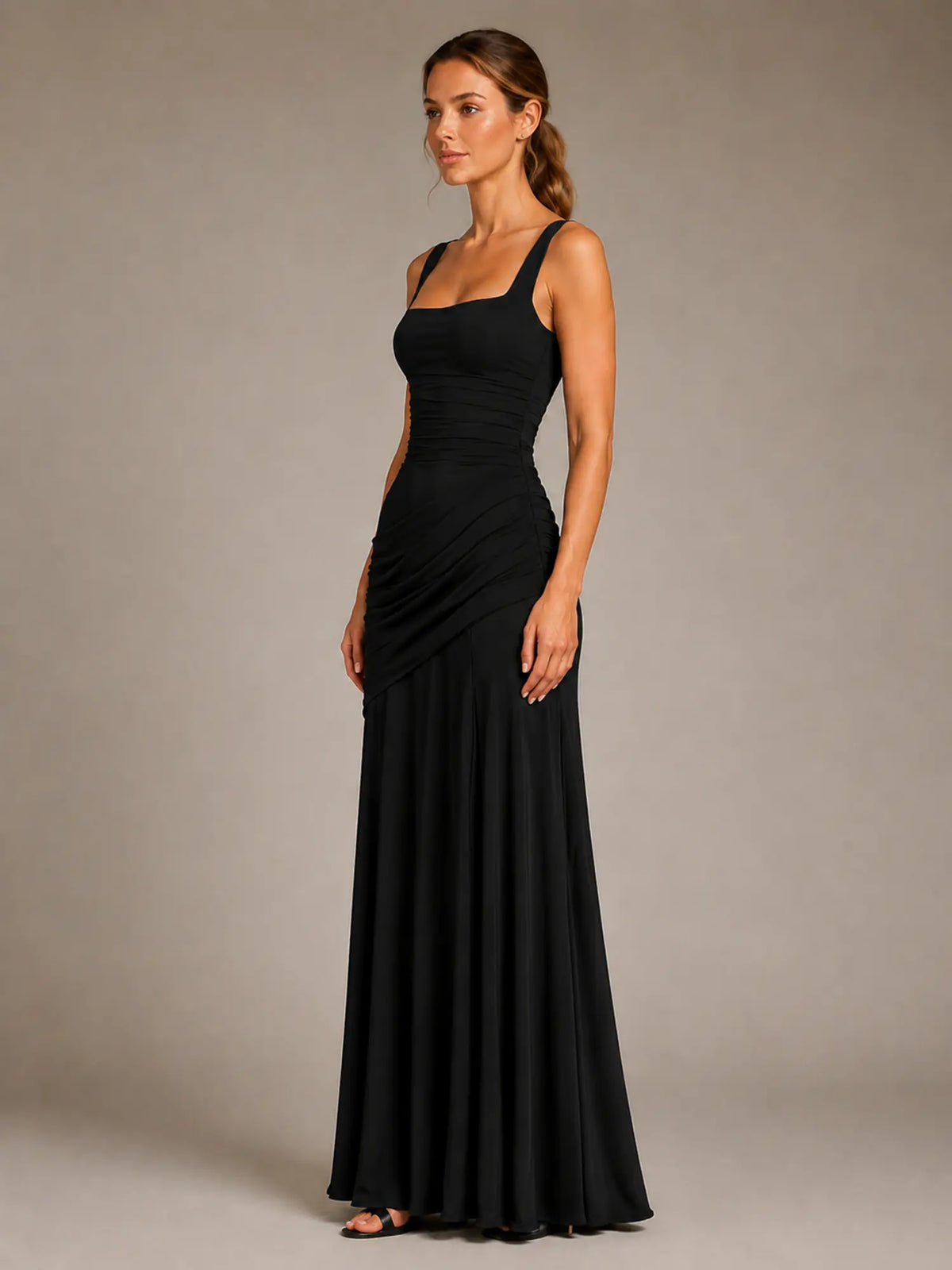 Women's Ruched Maxi Dress – Square Neck Occasion Style in Black – Side view