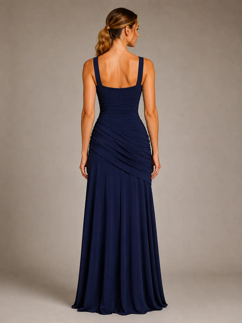 Women's Ruched Maxi Dress – Square Neck Occasion Style in Navy – Back view