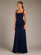 Women's Ruched Maxi Dress – Square Neck Occasion Style in Navy – Hover view