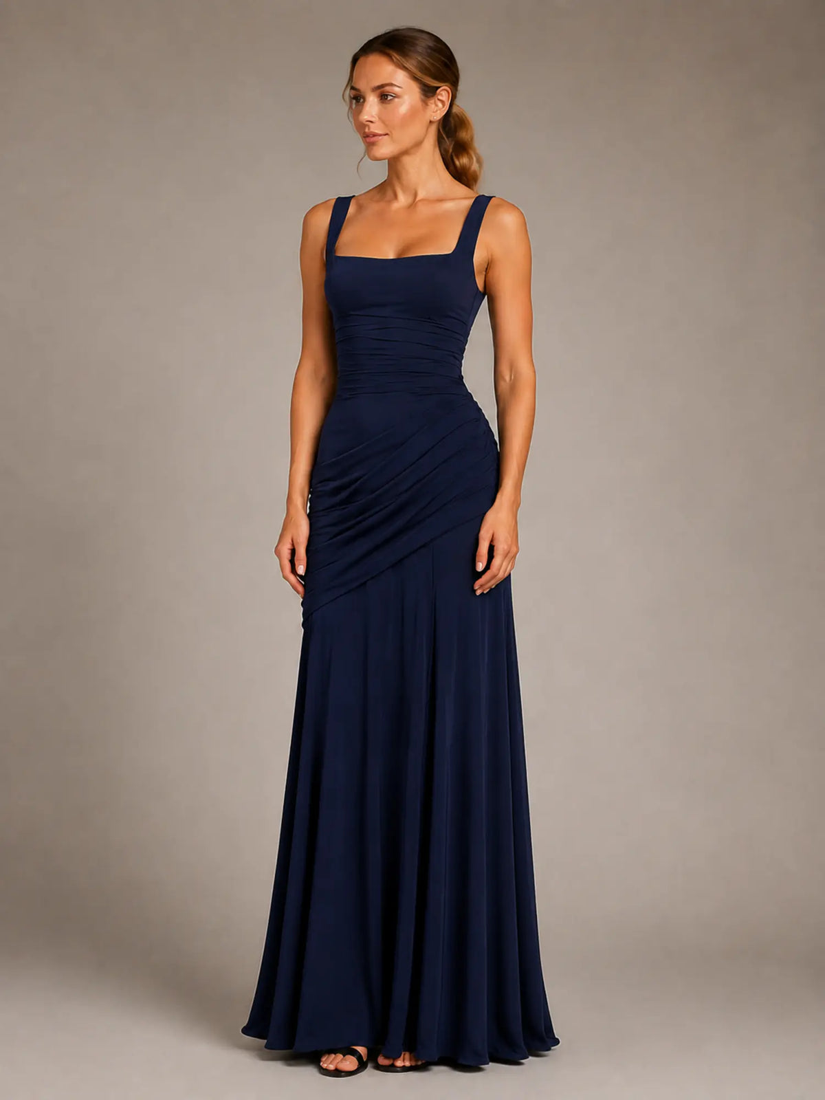 Women's Ruched Maxi Dress – Square Neck Occasion Style in Navy – Hover view