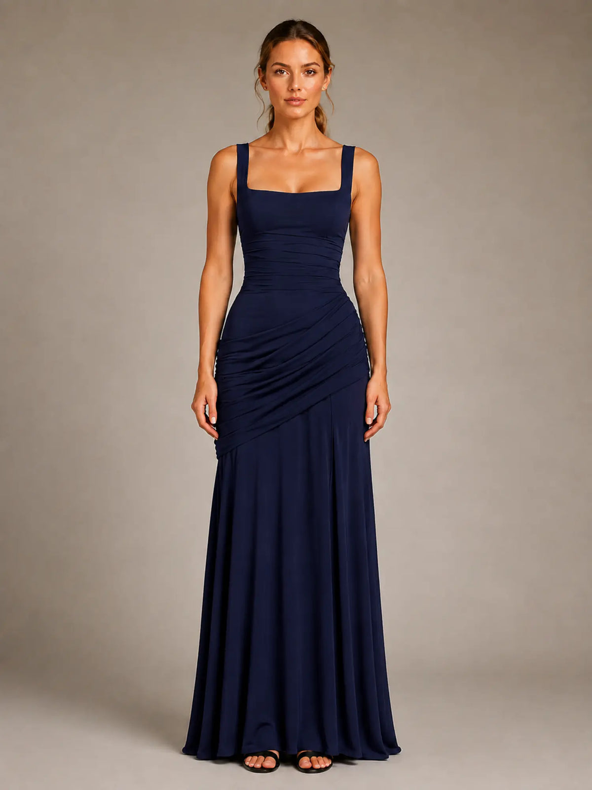 Women's Ruched Maxi Dress – Square Neck Occasion Style in Navy – Main view