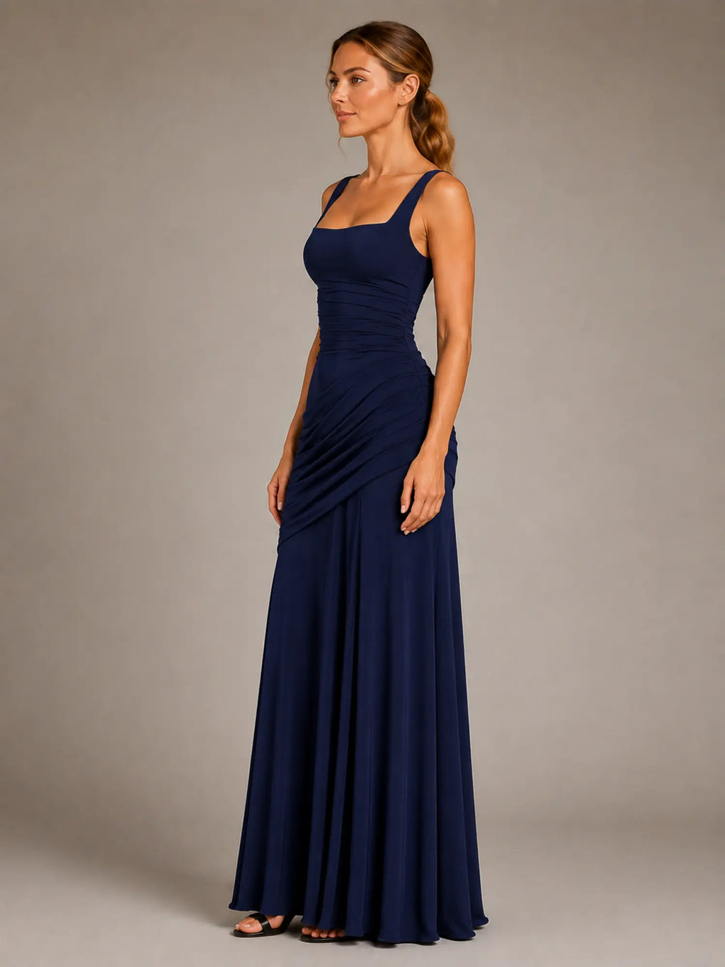Women's Ruched Maxi Dress – Square Neck Occasion Style in Navy – Side view